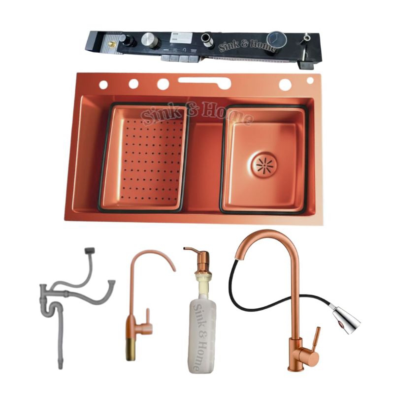 Cuba Inox Rose Gold Com Painel Smart e Torneira Com Extensor Rose Gold Metal Cuba de Cozinha Bancada Sobrepor Rose Gold