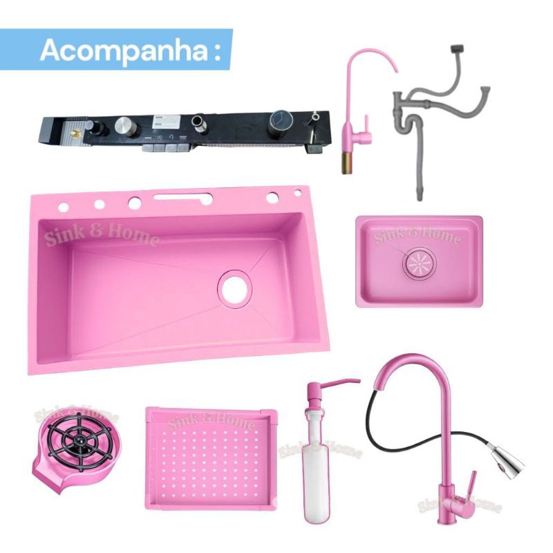 Cuba de Cozinha Inox Com Painel Smart Rosa Torneira Com Extensor Metal Rosa Sabao