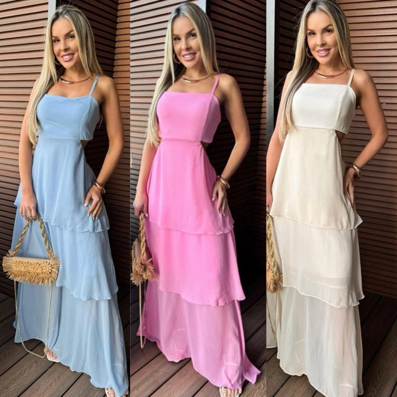 Vestido feminino de alca elegante Chiffon com babado para festa