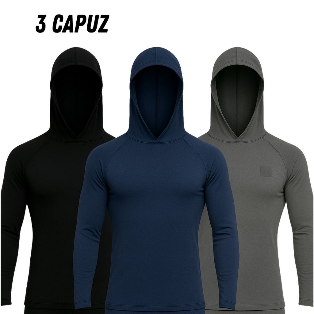 KIT 3 CAMISETA DE CAPUZ UV50+ TÉRMICA MANGA LONGA PROTEÇÃO SOLAR LEVE FLEXÍVEL ACADEMIA ESPORTES em Oferta na Shopee