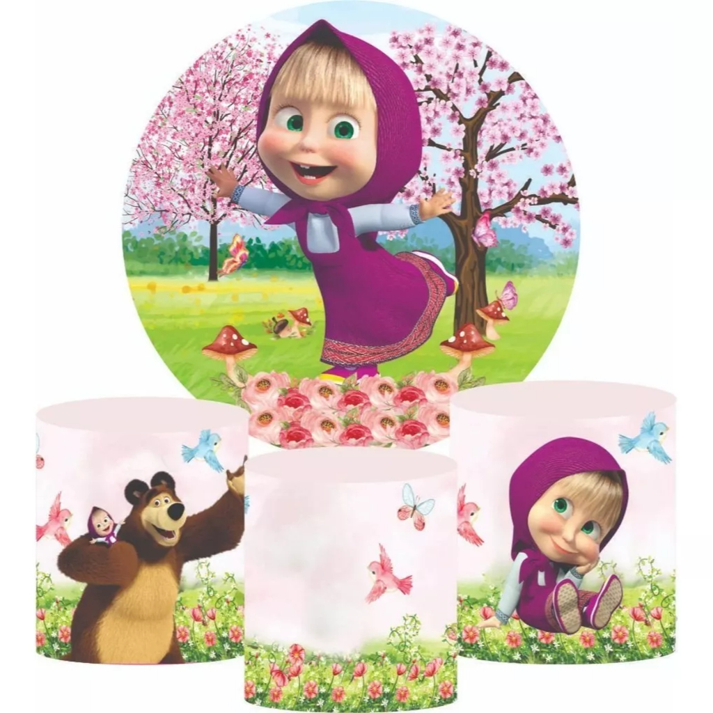 Capa Painel Redondo + Capa De Cilindro Tema Masha E O Urso 01