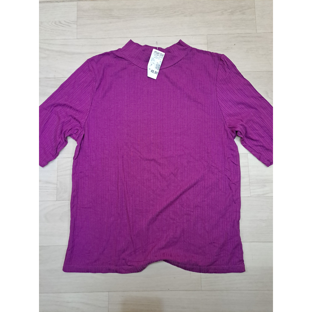 Blusa Feminina Roxa Rosa Gola Alta manga Curta Marisa Tam G