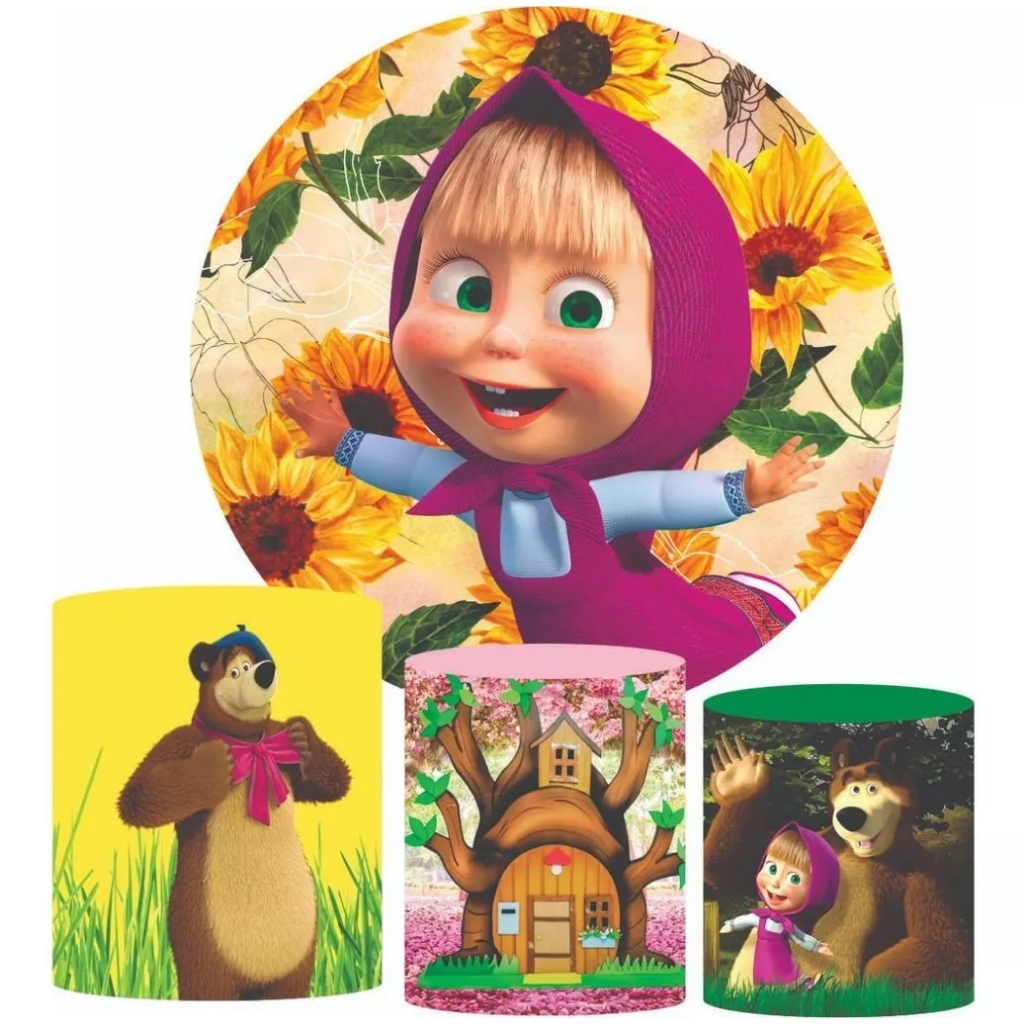 Capa Painel Redondo + Capa De Cilindro Tema Masha E O Urso 03