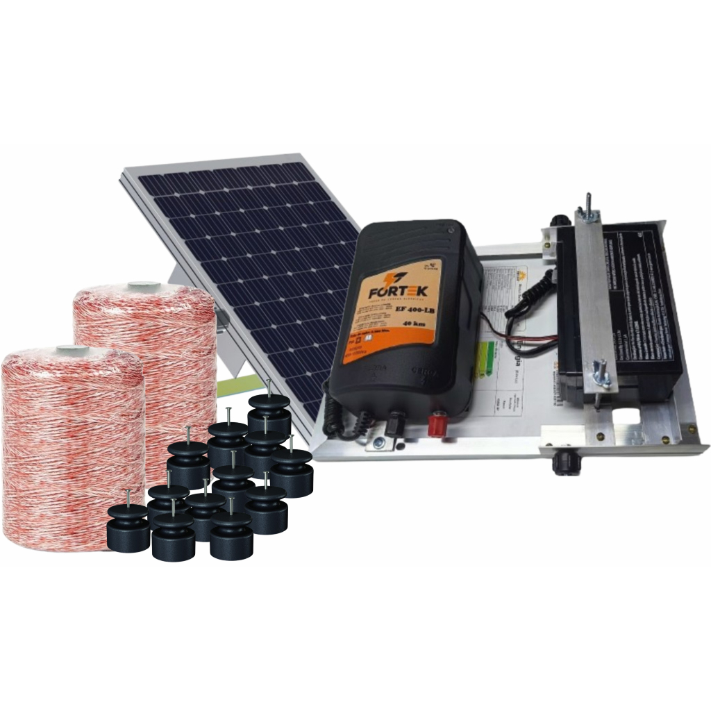 KIT SOLAR cerca eletrica FK40 c/ bateria + 1000m de fio eletroplastico + 200 Isolador Roldana RMPT em Oferta na Shopee