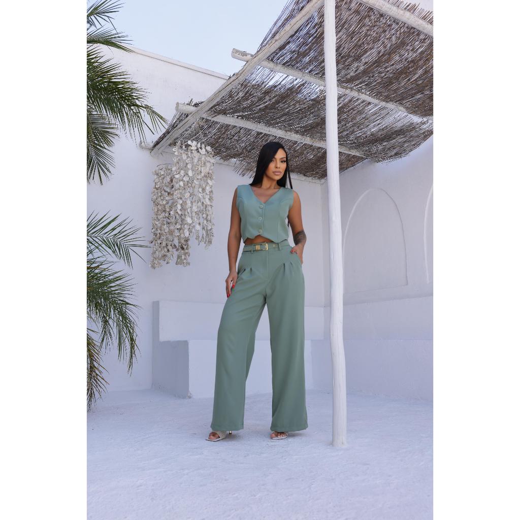 CONJUNTO ALFAIATARIA CON COLETE Y CALÇA PANTALONA  FEMININO COM CINTO  FORRADO  BOTON  FORRADO em Oferta na Shopee