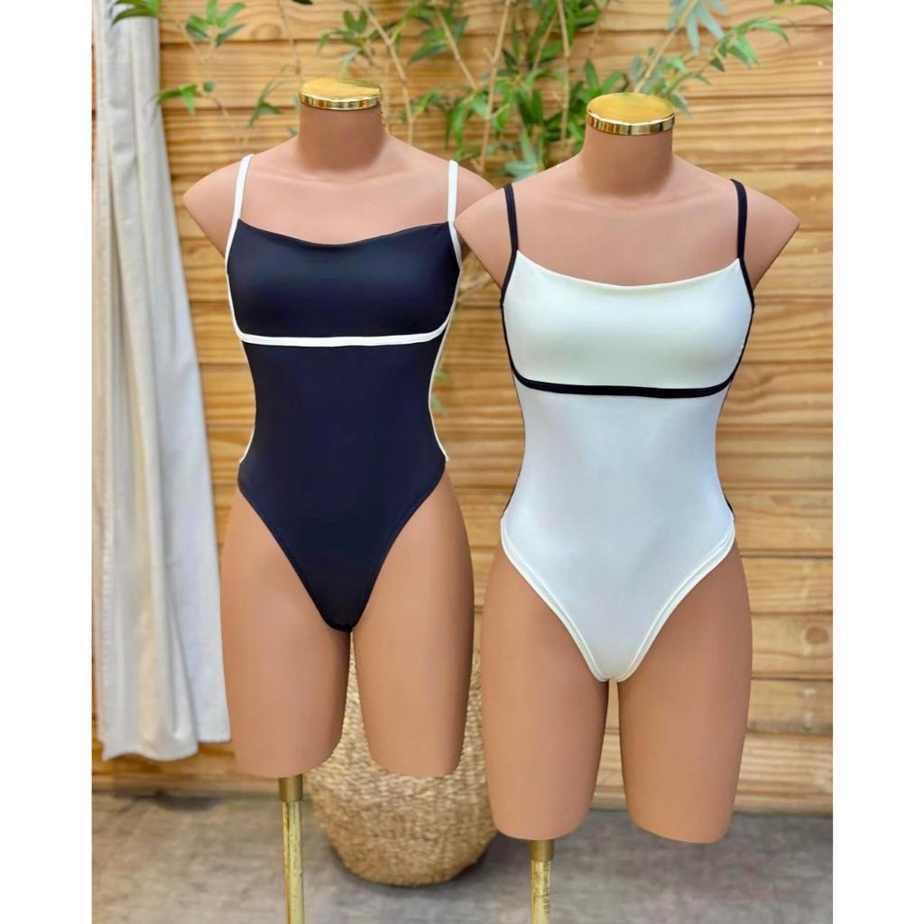Kit 2 Peças Body Elegante Feminino Maio Cavado Bicolor Em Poliamida Tendência Verão 2025