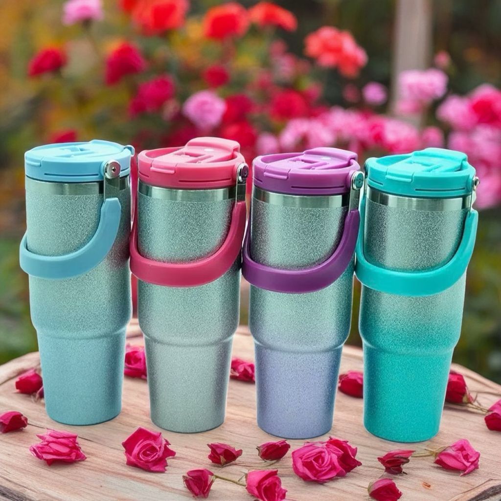 Copo Térmico Gliter  Aço Inox com canudo. parede dupla a vácuo quente e frio 900 ML