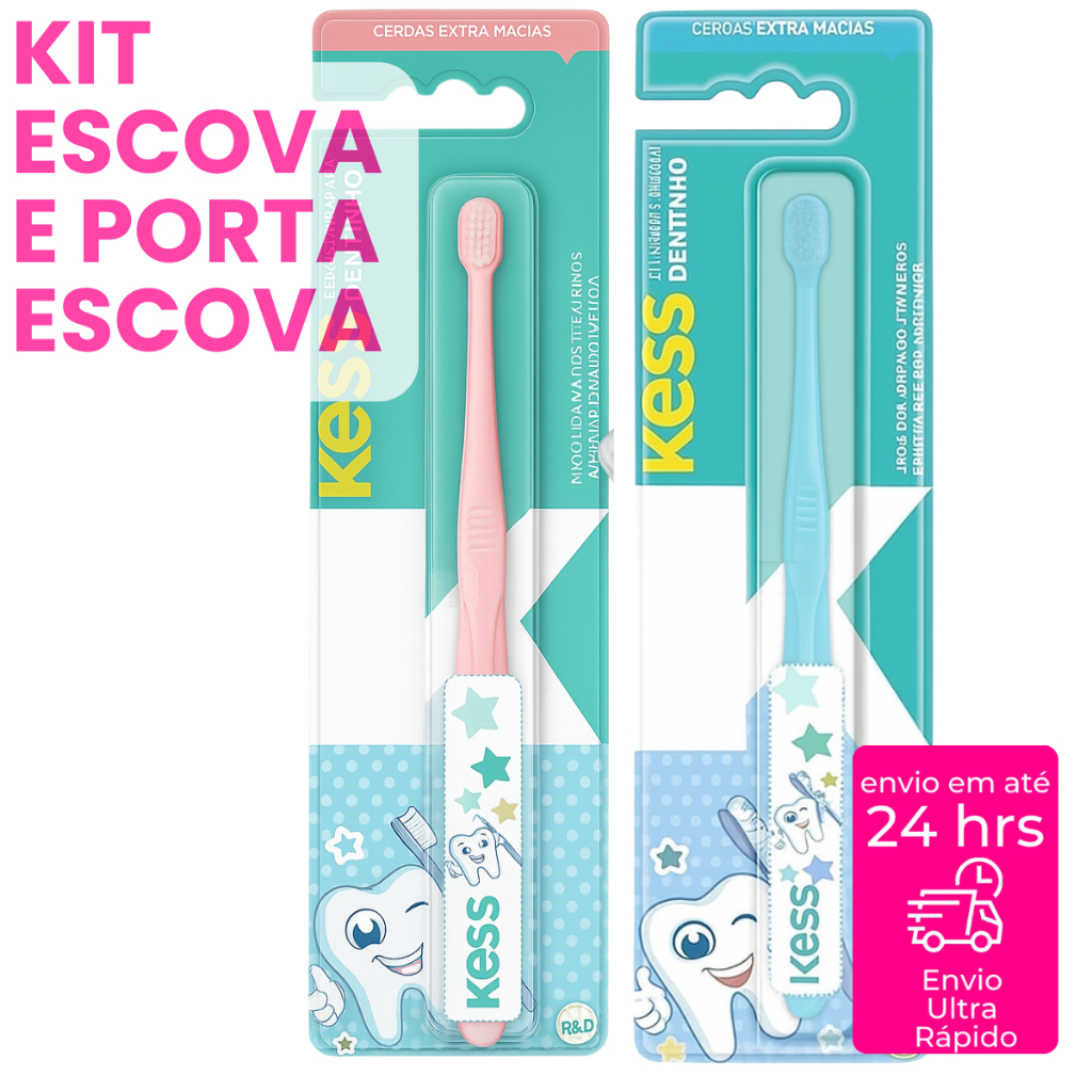 Kit Escova de Dentes e Porta Escova Infantil Bebê Extra Macia Confortável para Crianças Higiene Bucal