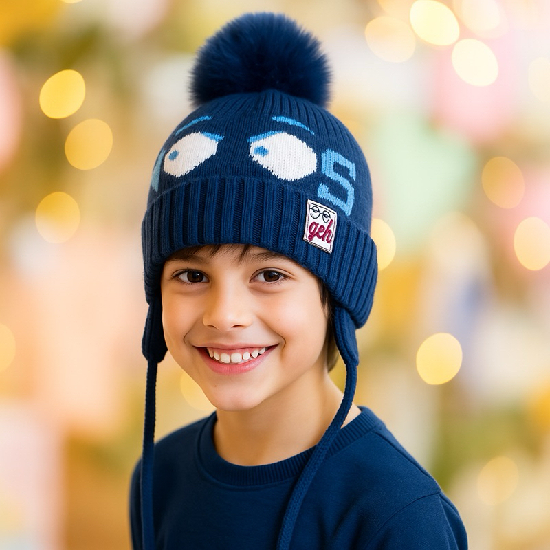 Gorro Touca Infantil Unissex Tricotado Forro Lã de Cordeiro - Quente e Macio com Pompons - 3 a 9 Anos Livre de Tóxicos