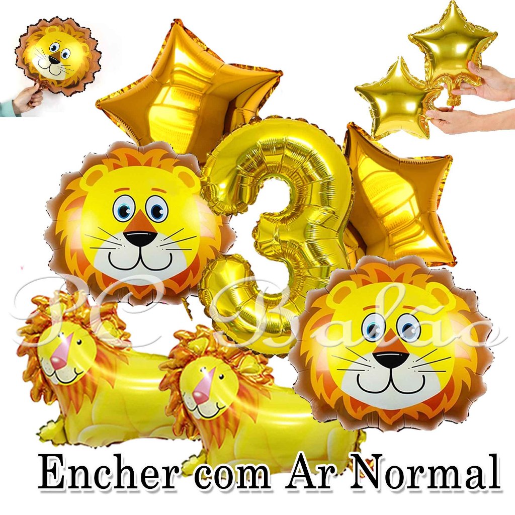 Kit 7 Balão Metalizado 4 LEÃO PEQUENO + 2 ESTRELA DOURADO 22CM + N° 40CM DOURADO DECORAÇÃO SAFARI em Oferta na Shopee