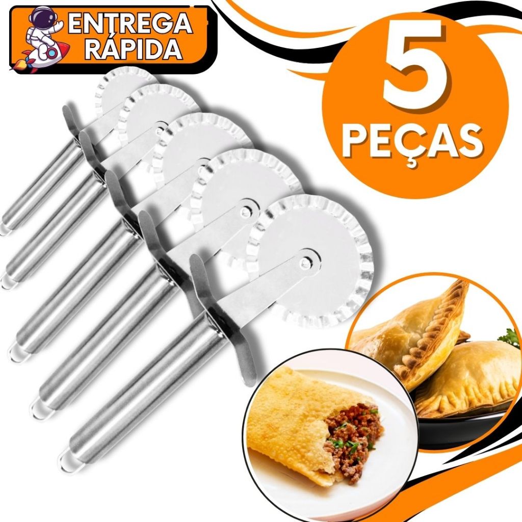 KIT JOGO 5 Cortador Fechador Massa Pastel Multiuso Aço Inox Premium Corta Fecha Massa Uso Domestico Pizzaria Pastelaria