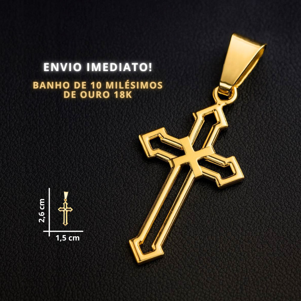Pingente Cruz Pequena Vazada Banhado a Ouro 18k Unissex Crucifixo Fino Semijoia Luxo