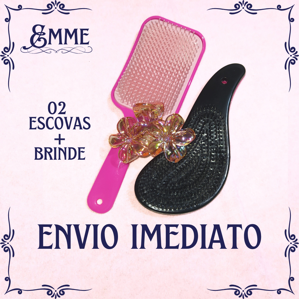 Kit 2 Escovas de Cabelo Raquete Profissional Sem Bolinha + Desembaraçadora Macia Mágica + Presilha