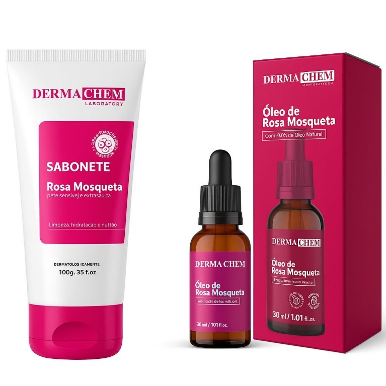 Kit Facial Rosa Mosqueta Sérum Anti Idade Redução de Rugas Clareador + Sabonete Facial Hidratante