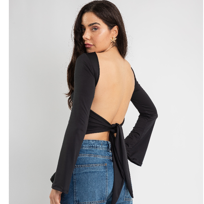 Blusa Feminina de Manga Longa Cropped Costas Abertas Nua Dupla Premium Manga Fler