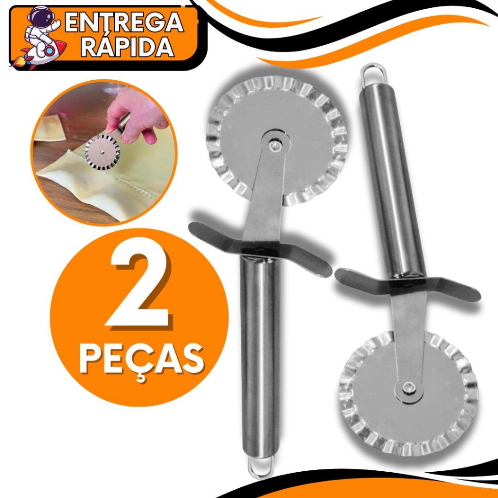 KIT JOGO 2 Cortador Fechador Pastel Massa Rolo Aço Inox Premium Corta e Fecha Massa Uso Domestico Pizzaria Pastelaria