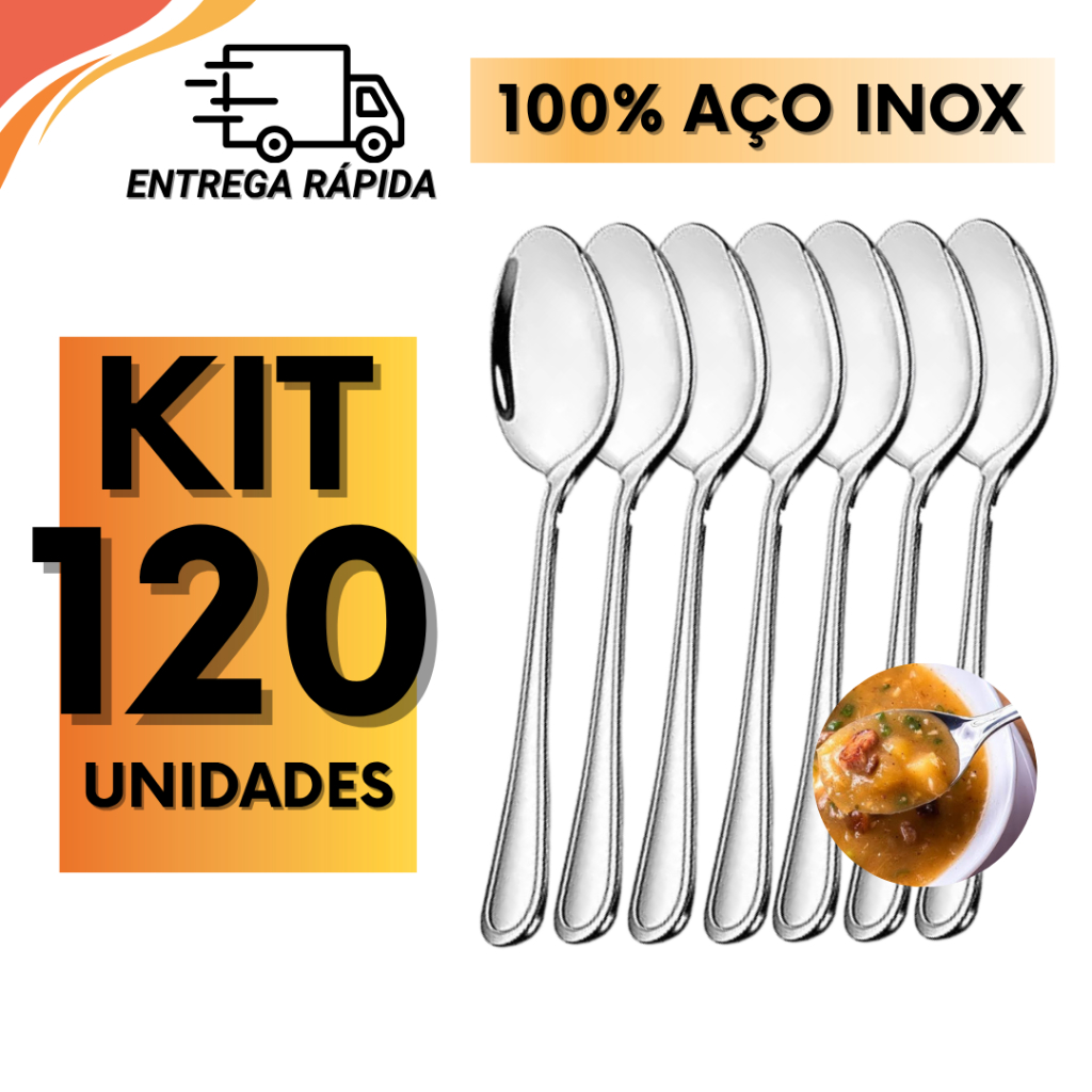 Kit 120 Colheres Inox Reforçadas Para Restaurante Pizzaria Sopa Caldinho Sobremesa