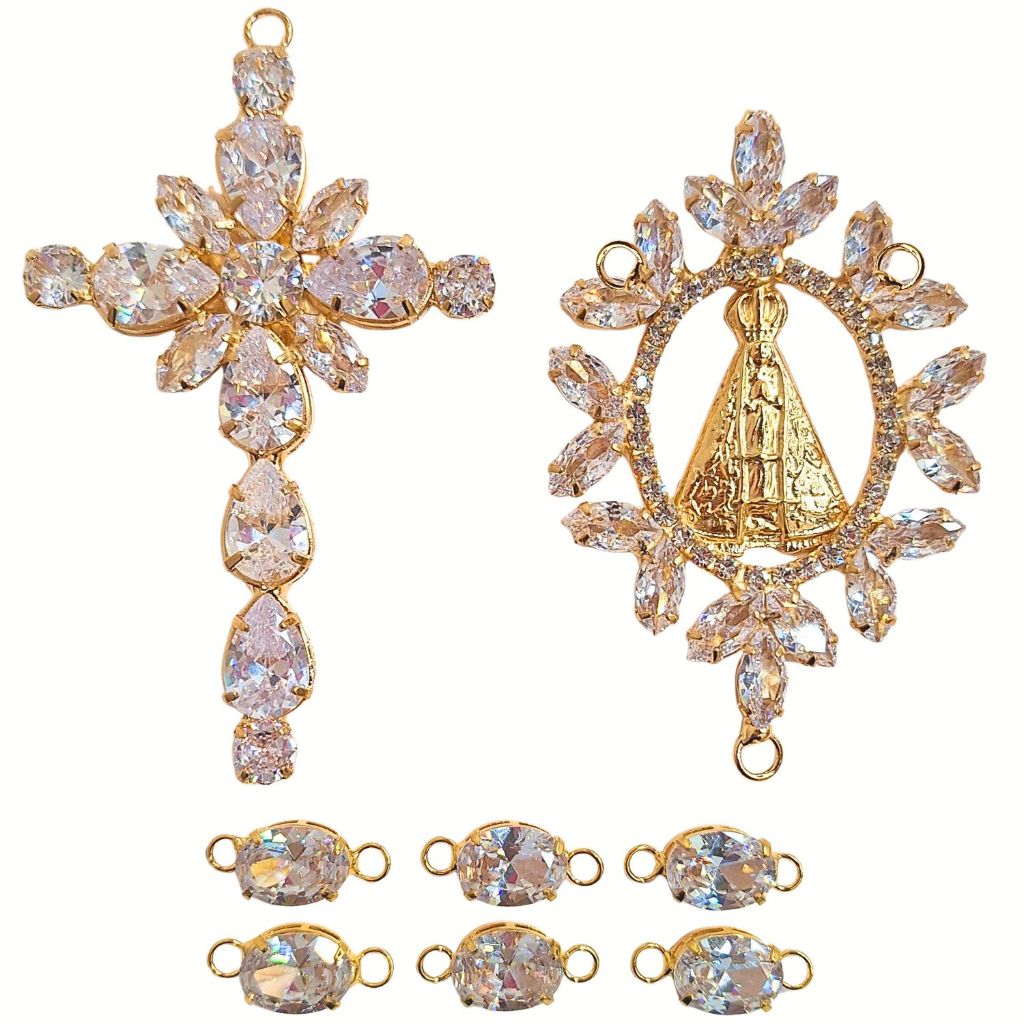 Kit 3 pçs Crucifixo, Entremeio e Pai Nosso p/ Montagem de Terços de Noivas e Devotos Prata / Dourado
