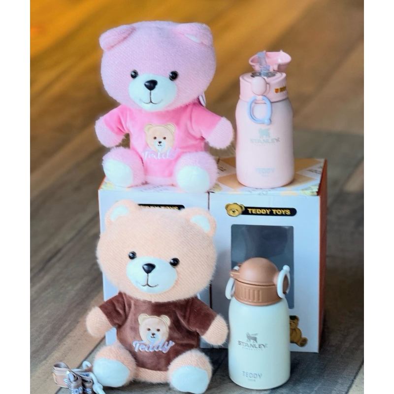 Garrafa Térmica Fofo Urso Teddy + Urso para porta garrafa e Pelúcia Acompanha – 500ml Conserva Quente e Frio