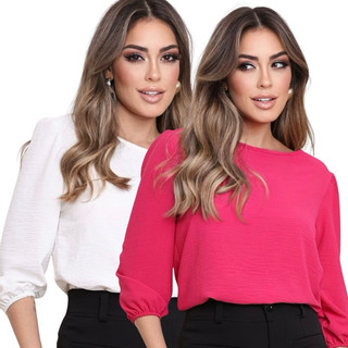 Kit Duas Blusas Femininas Tecido Manga 3/4 Evangelica Moda Promoção
