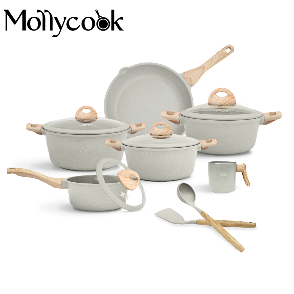 Mollycook Conjunto Jogo de Panelas 14 Pçs Antiaderente Tampa de Vidro Revestimento de cerâmica