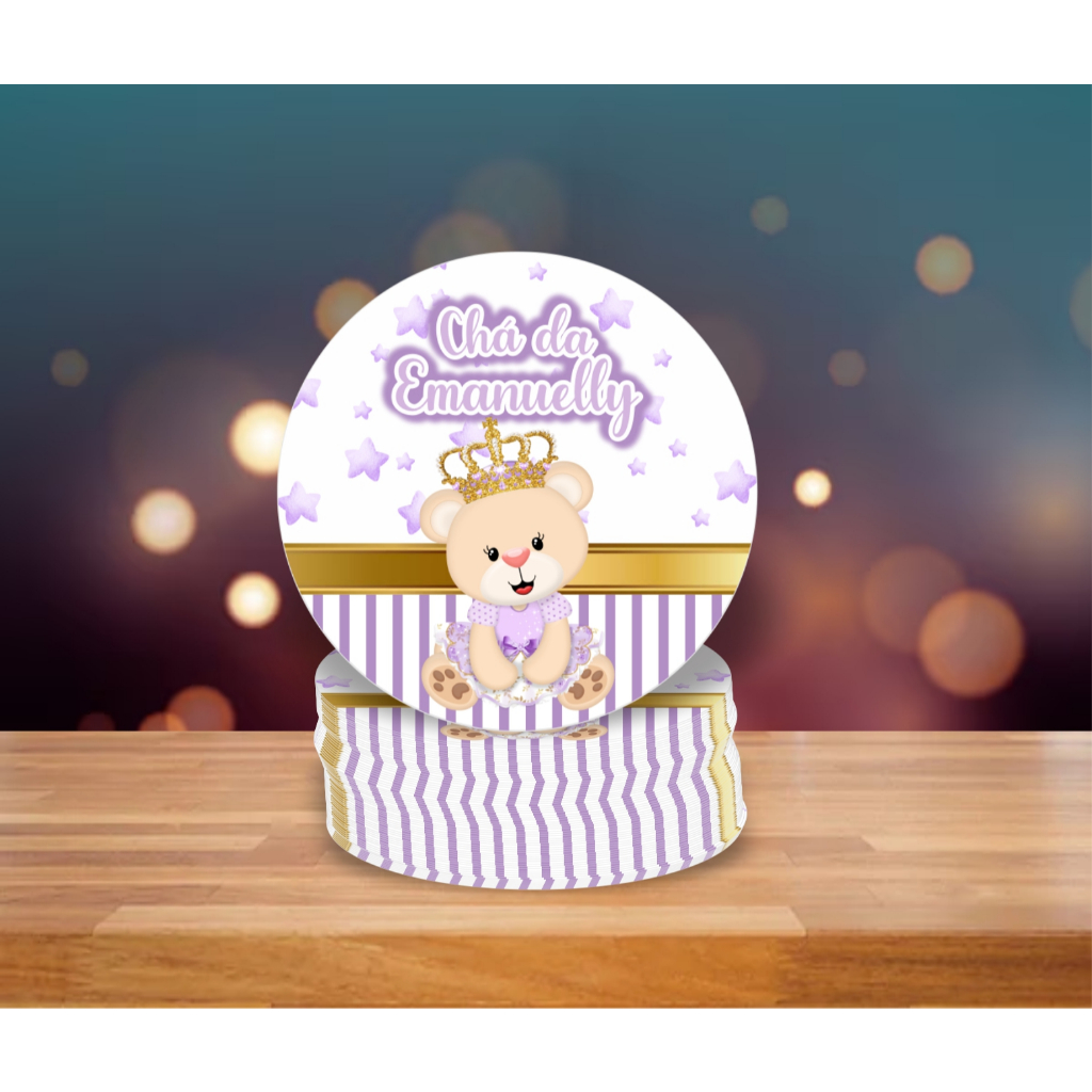 Adesivo Redondo Personalizado URSINHA PRINCESA LILAS ESTRELAS 115g  Aniversário Festa chá de Bebê lembracinha