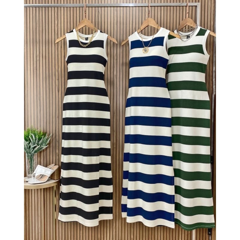 Vestido Regata Femenino listrado slim malha listrado com fendas laterais  verão