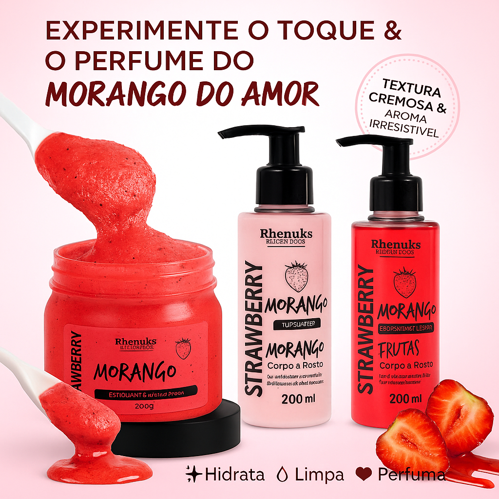 Kit Morango Sabonete Esfoliante e Hidratante para Limpeza, Renovação e Perfume da Pele Corpo Facial