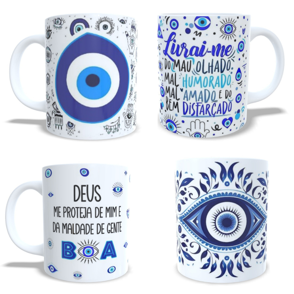 Caneca Olho Grego Proteção Mau Olhado | Cerâmica 325ml | Presente Amuleto | Diversos Modelos em Oferta na Shopee