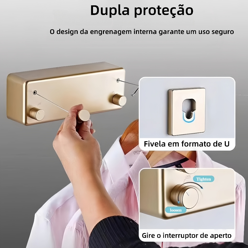 Varal Retrátil Parede Automático 2 Cordas Apartamento Cor Branco/Dourado 40kg para Yesop