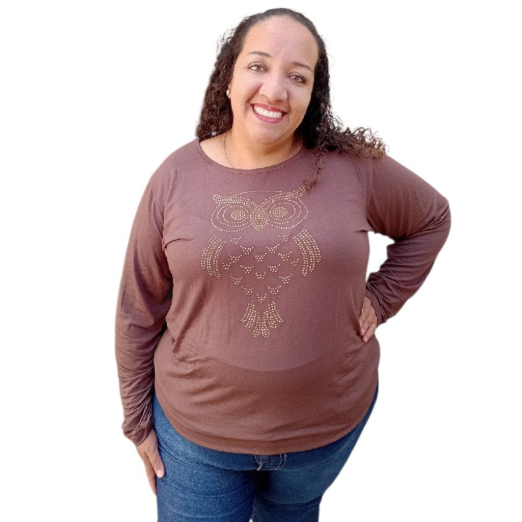 Blusa Manga Longa Plus Size Tamanho 40 ao 64 (M ao G10) Blusa Feminina com Pedraria Coruja