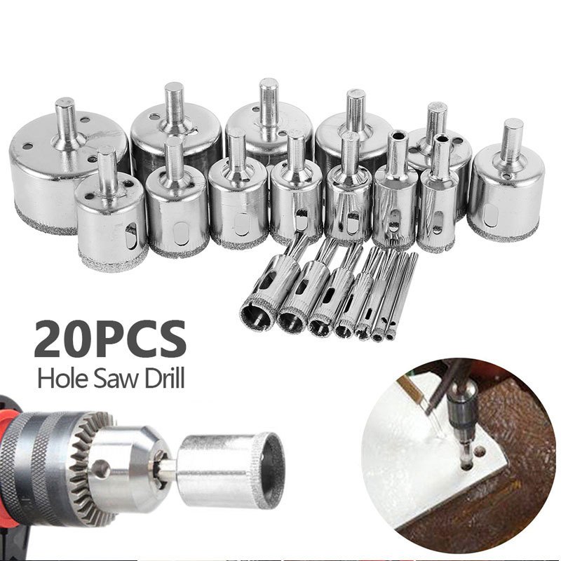 Jogo 15/20 Brocas Diamantadas Serra Copo furar Vidro Granito Ceramica 6 a 50 mm kit ferramentas