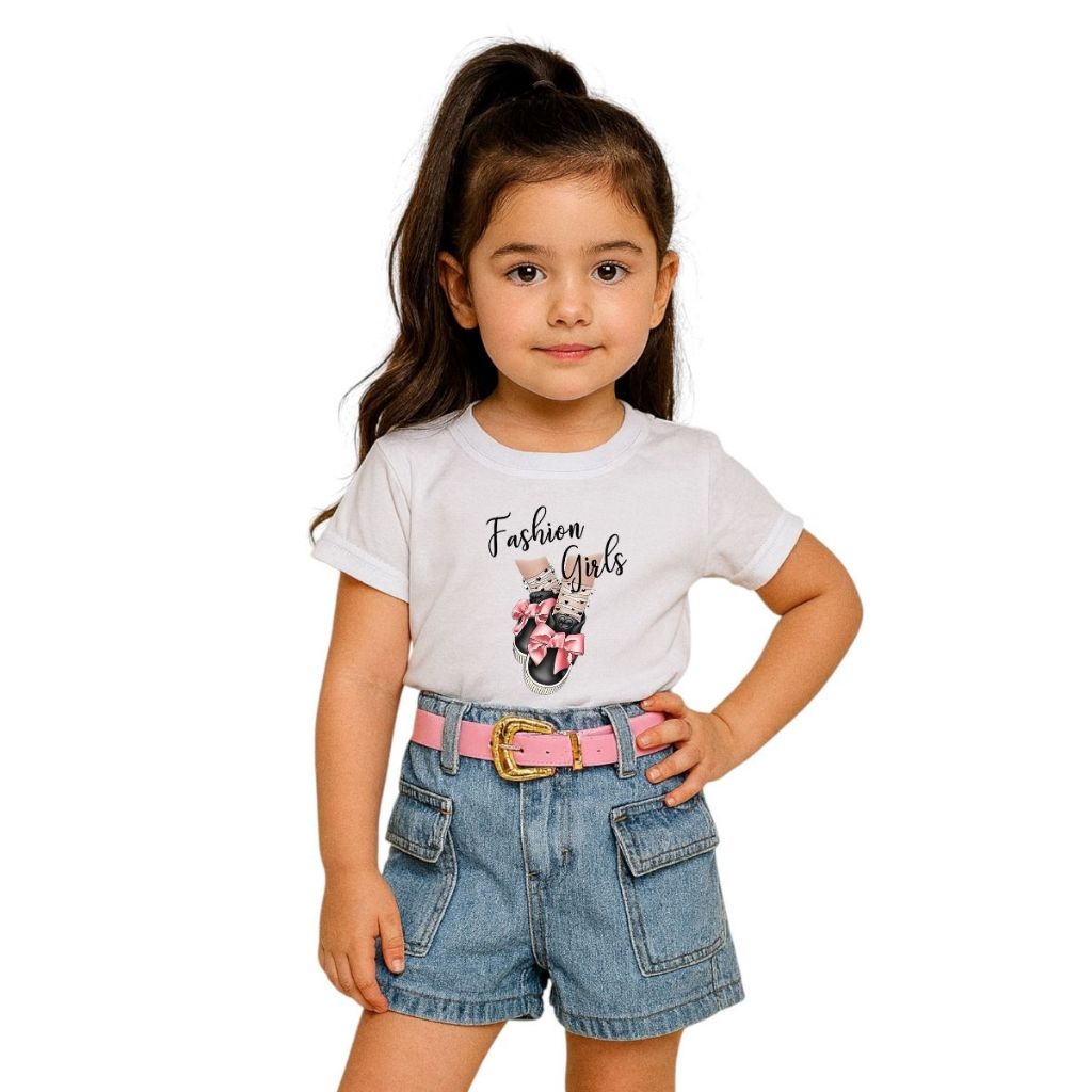 Moda Infantil Mini Diva Conjunto Short Jeans E Cropped Estampado Mini Blogger Estilosa Look Fashion