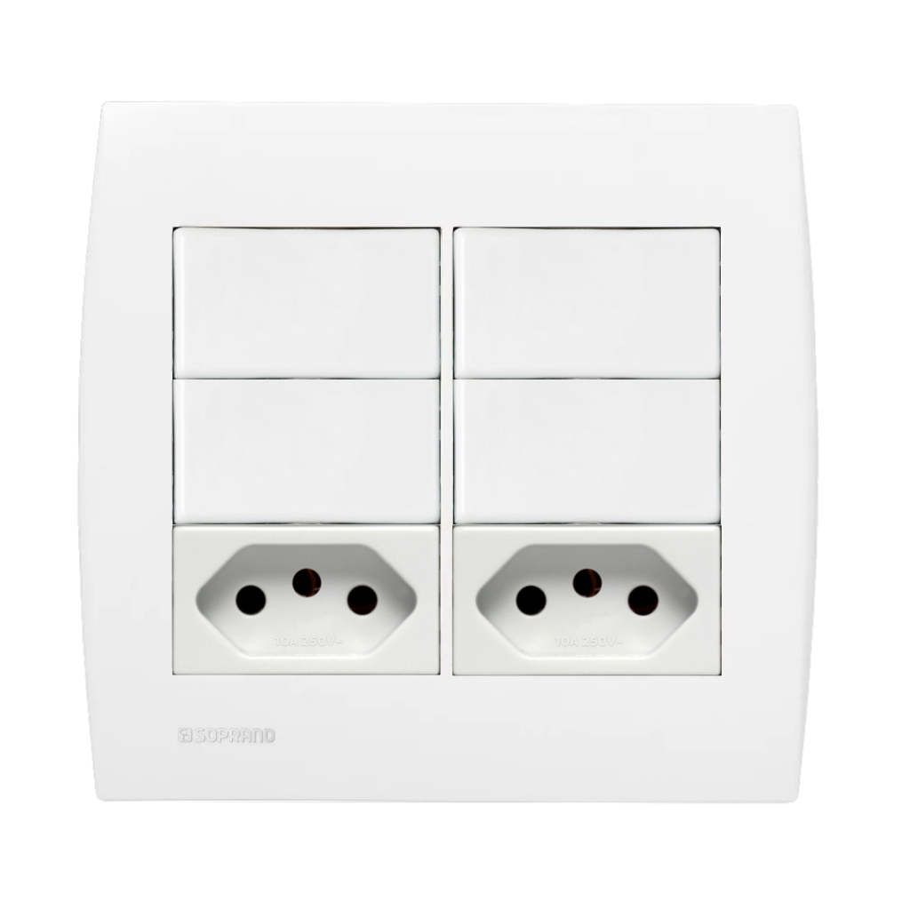 Conjunto 2 Interruptor Paralelo + 2 Interruptor Simples + 2 Tomada 10A - 4x4 Ilus Branco | Soprano