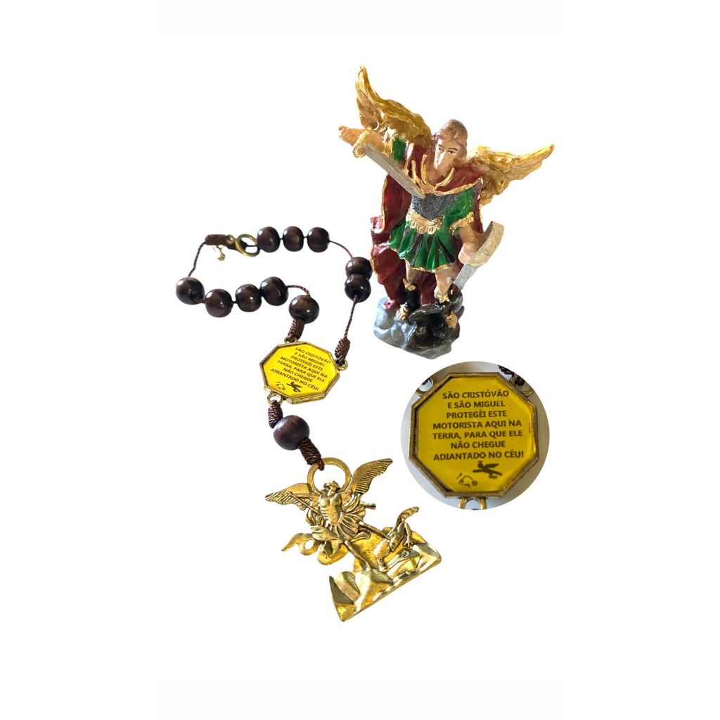Kit dezena com oração de São Miguel Arcanjo e São Cristóvão + imagem de resina 8 cm de São Miguel Arcanjo