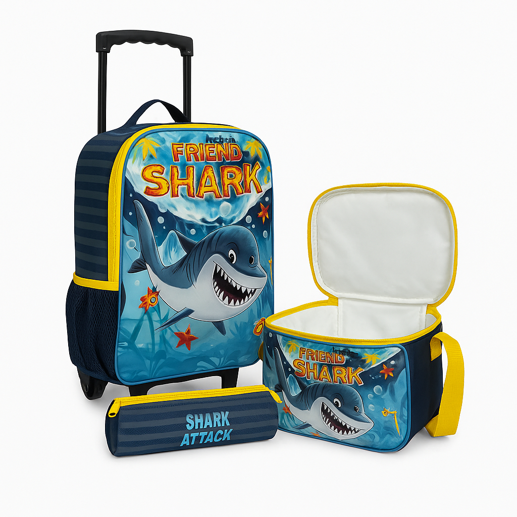 Kit Mochila Infantil Escolar Com 3 Peças Tubarão Amarela