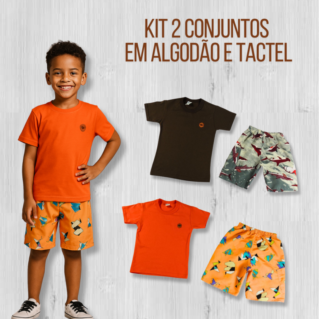 Kit 2 Conjuntos Infantil Masculino Estampado - Camiseta em Algodão e Short Tactel - Cores Sortidas