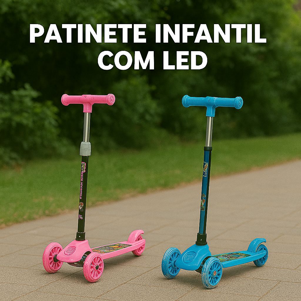 Patinete Infantil 3 Rodas com LED Dobrável e Altura Ajustável – Para Crianças de 2 a 8 Anos