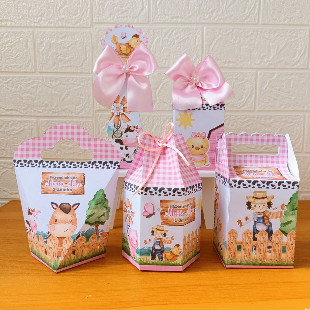 Kit Personalizados Fazendinha Rosa (Pegue e monte) Lembrancinhas Caixinhas para Festa Aniversário
