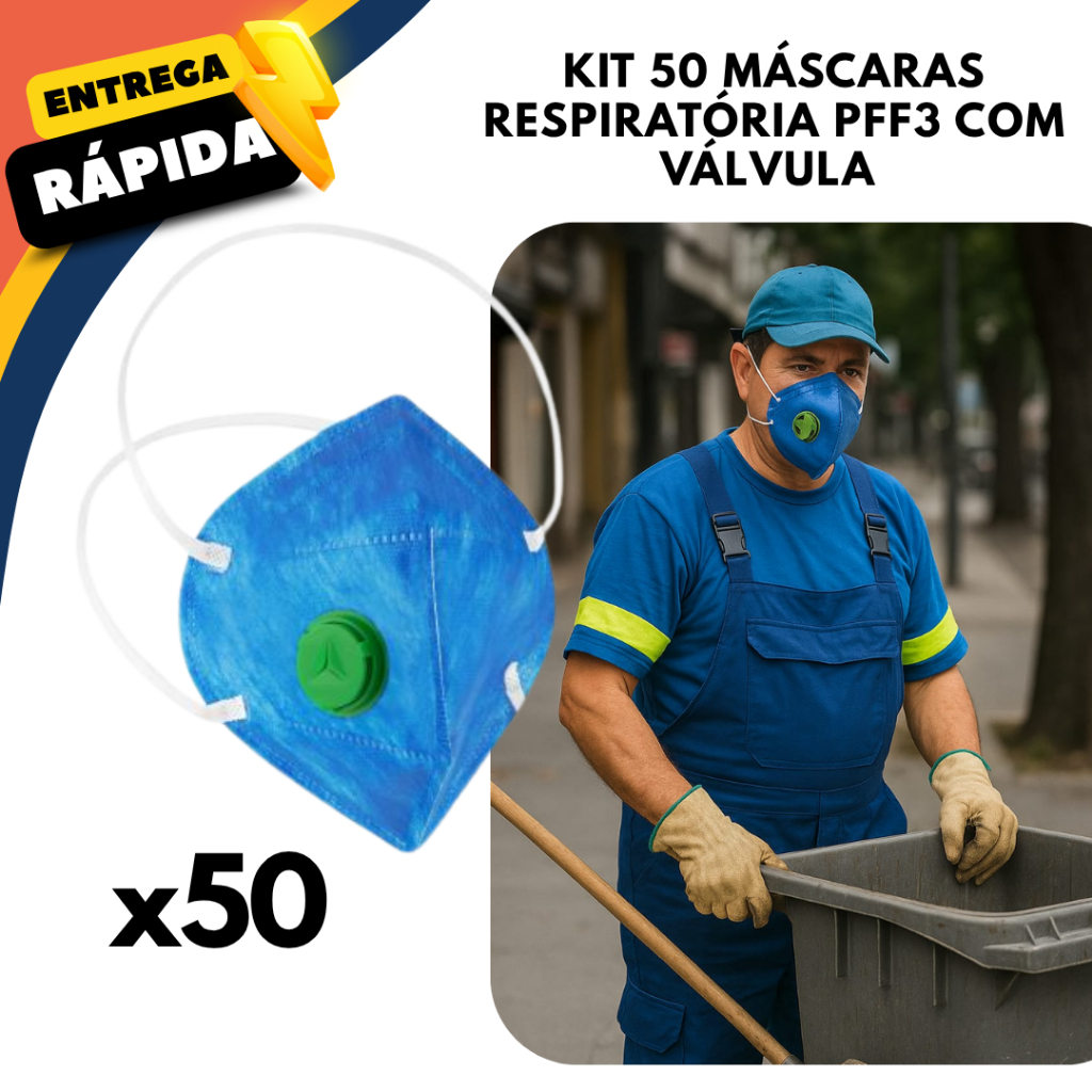 Kit 50 Máscara PFF3 com Valvula Segurança Respiratória para Indústria Saúde e Construção