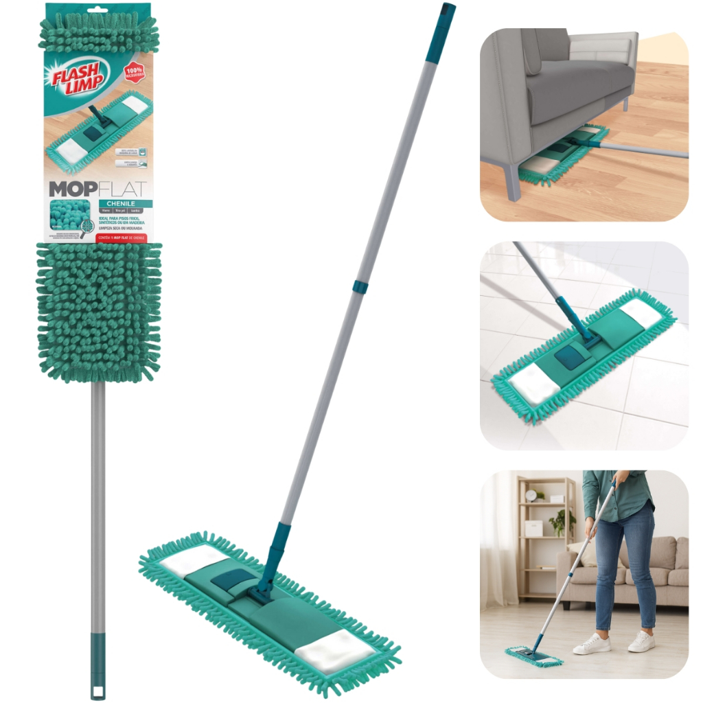 Mop Flash Chenile Cabo Telescópico Rodo Mágico Limpeza Geral Microfibra 360° Pisos - Flash Limp
