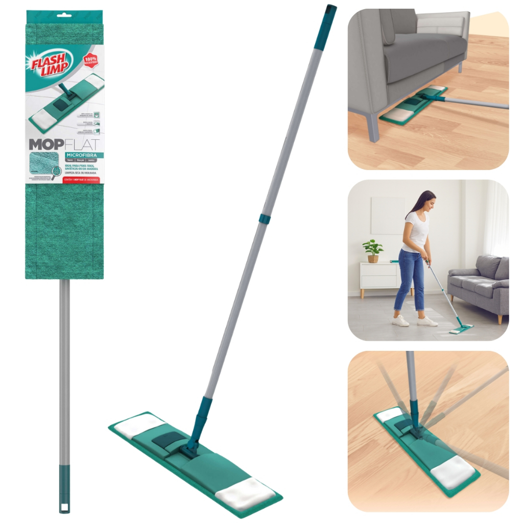 Mop Flat Microfibra Rodo Giratório 360° Limpeza Com Cabo Telescópico 1,20m Multiuso Flash limp