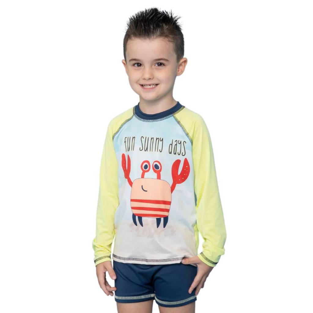 Conjunto Menino Praia Piscina Natação Verão Traje de Banho Blusa e Sunga com Proteção Solar UV