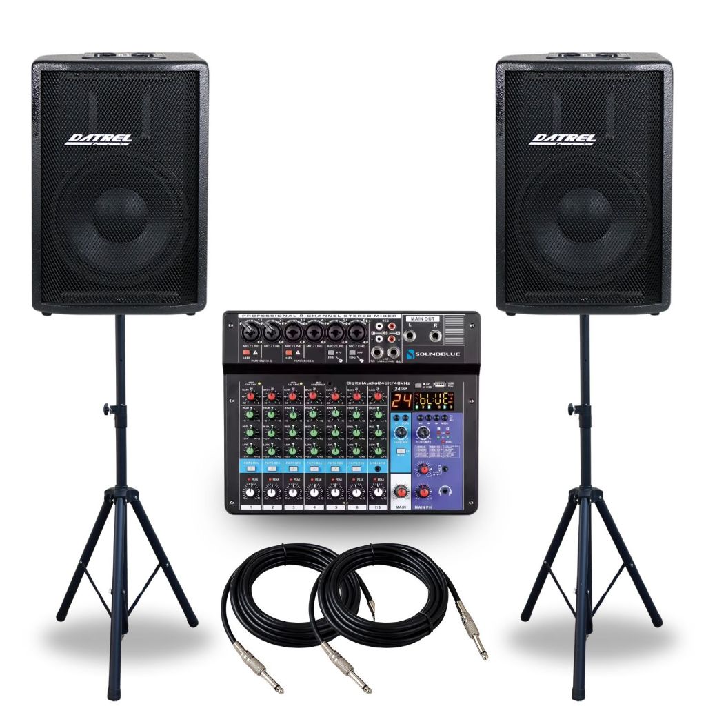 Kit 2 Caixas Som 400w Ativa Passiva 10 Acustica Profissional + Console Mesa 8 Canais + Suportes Tripe Pedestal + Cabos