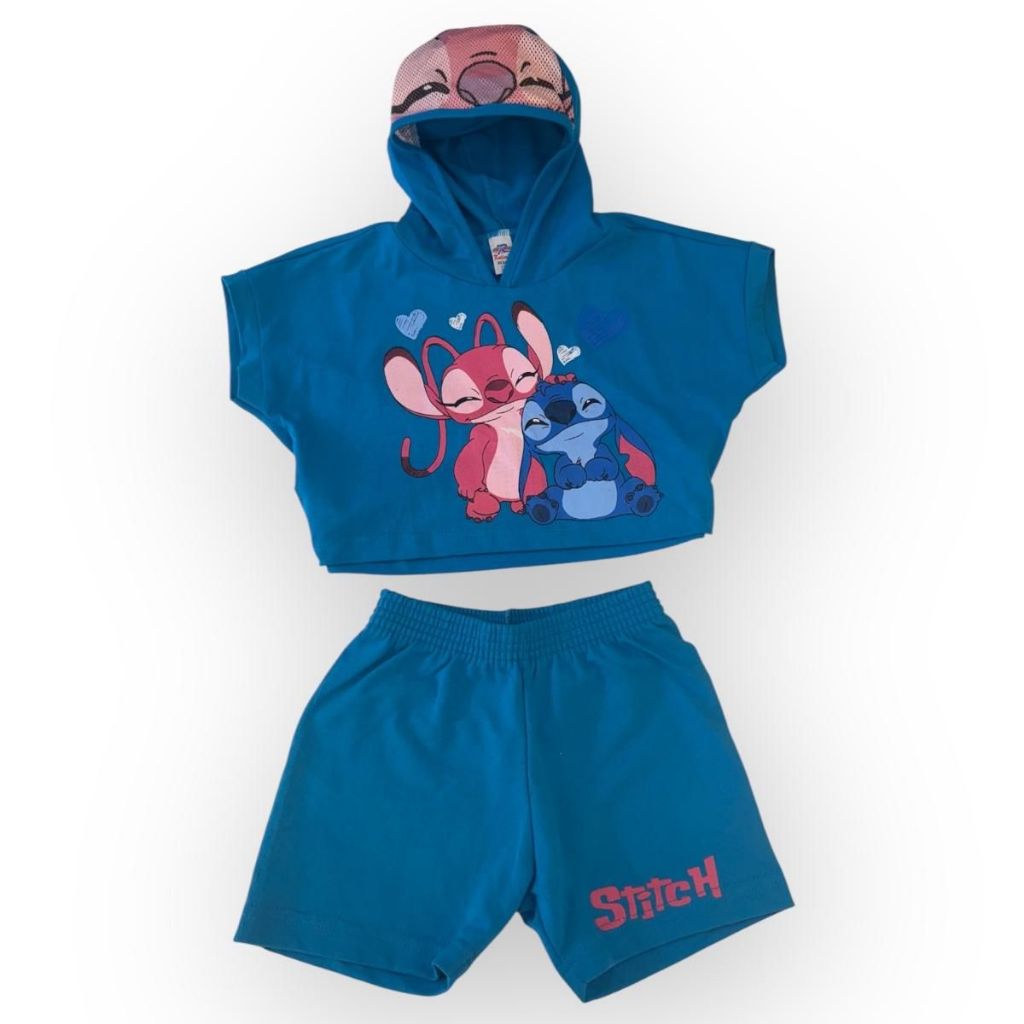 Conjunto + Brinde Moletinho Stitch Infantil com Touca e Shorts