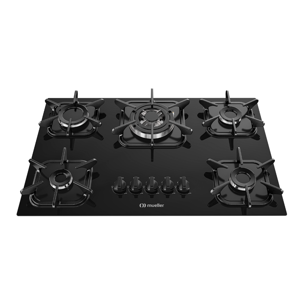 Fogão Cooktop Elétrico 5 Bocas à Gas Tripla Acendedor Automático Chama Bivolt Mesa Em Vidro Mueller