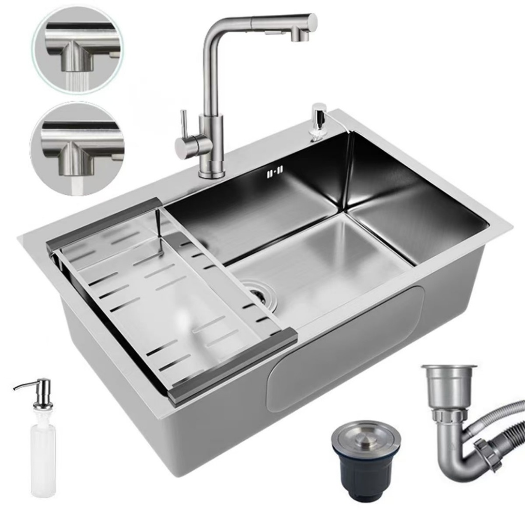 Cuba Cascata Pia Com Torneira Lavador De Copos Completa Acessórios Aço Inox 304 Cozinha Gourmet Cor Preto 60*45cm