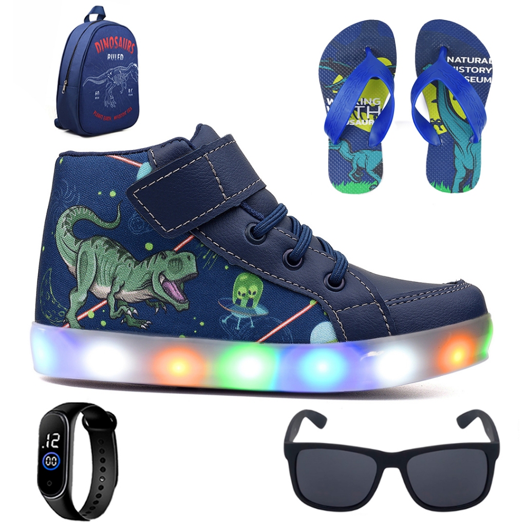 Kit Botinha Masculino Infantil Tenis De Led Dinossauro + Mochila + Chinelo + Óculos + Relógio