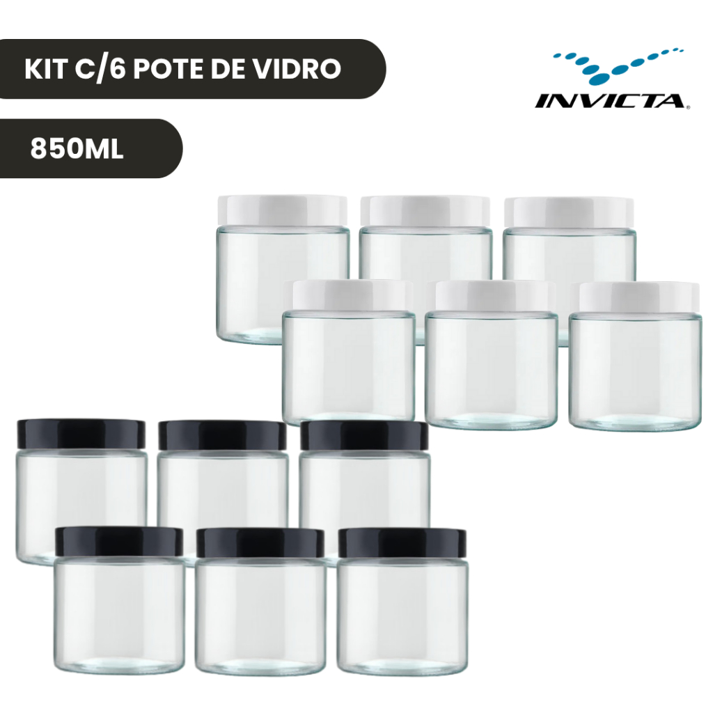 Kit c/6 Pote Vidro 850ml Redondo Tampa Rosca Color Invicta