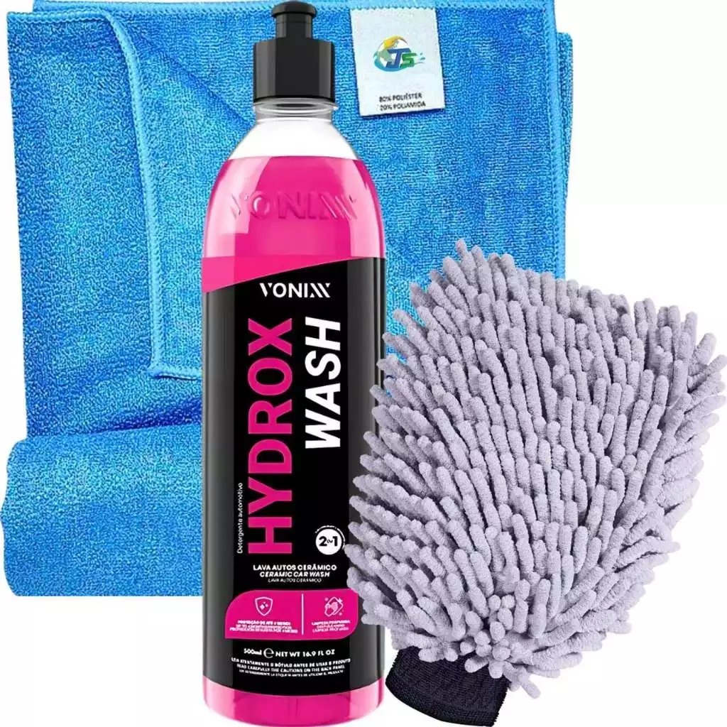 Hydrox Wash Shampoo Lava Auto Cerâmico Vonixx Toalha de Secagem Luva Microfibra